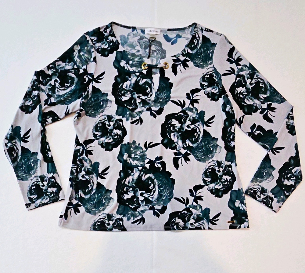 Calvin Klein Women's XL White/Green Floral Knit Round Neck Pullover Top Stretch